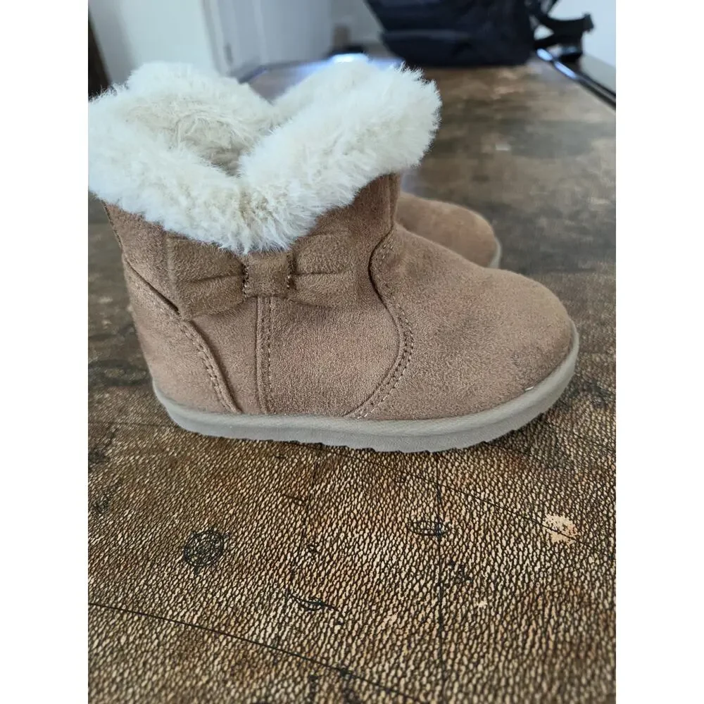 Baby Faux Suede Bootie Boots Faux Fur Lined Trim Bow Slip On Brown/White 5